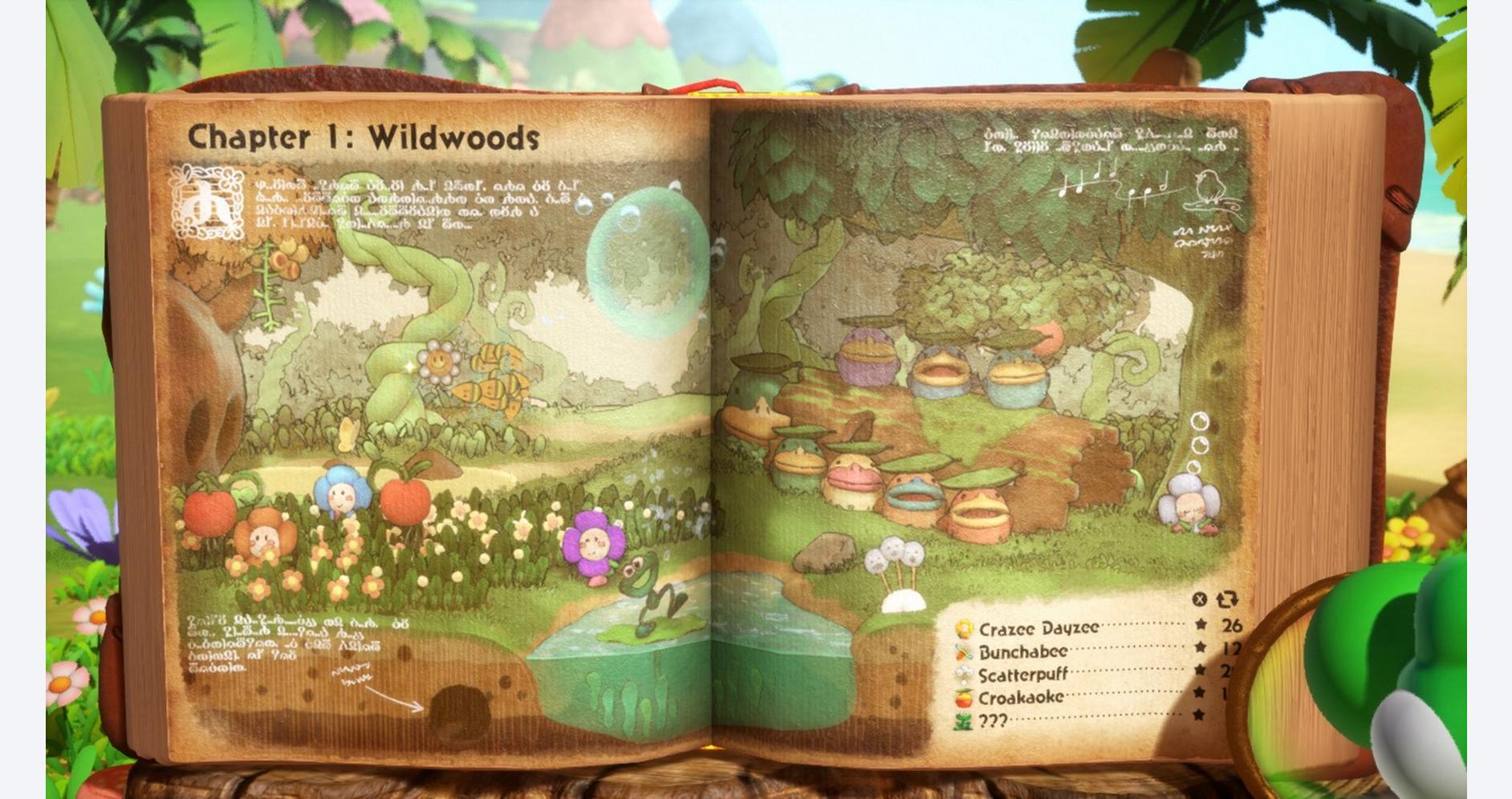 Yoshi exploring a magical, animated book in a vibrant forest scene.