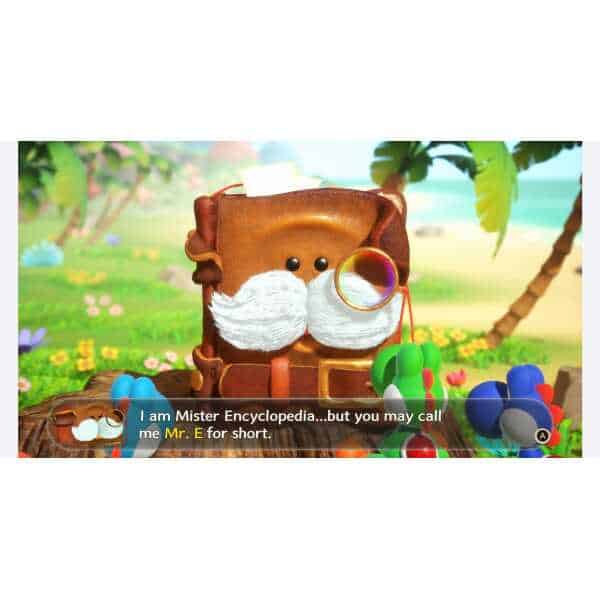 Yoshi with a magnifying glass and a book character in a colorful jungle scene.