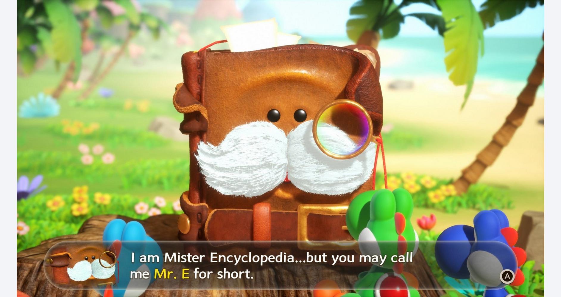 Yoshi with a magnifying glass and a book character in a colorful jungle scene.