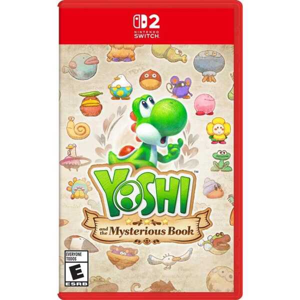 Yoshi and the Mysterious Book game cover with colorful characters and whimsical design.
