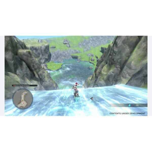 Gameplay screenshot of Ys X showing a character surfing on water between rocky cliffs.