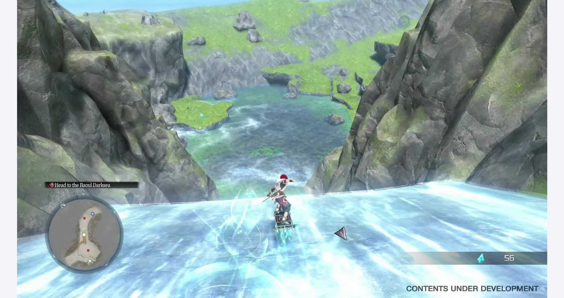 Gameplay screenshot of Ys X showing a character surfing on water between rocky cliffs.