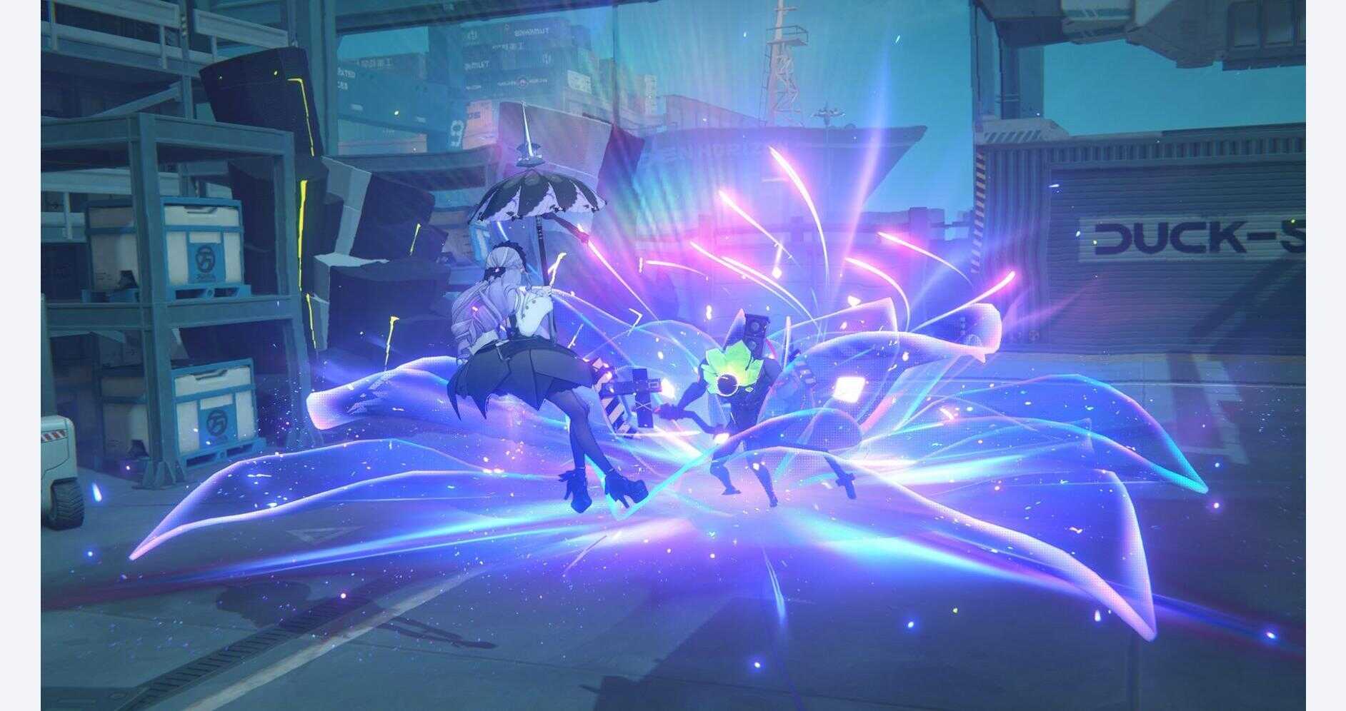 Dynamic scene from Zenless Zone Zero featuring a character battling a glowing creature.