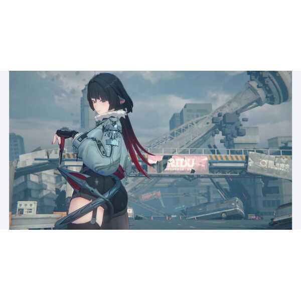 Anime-style female character with black hair and futuristic outfit in cityscape.