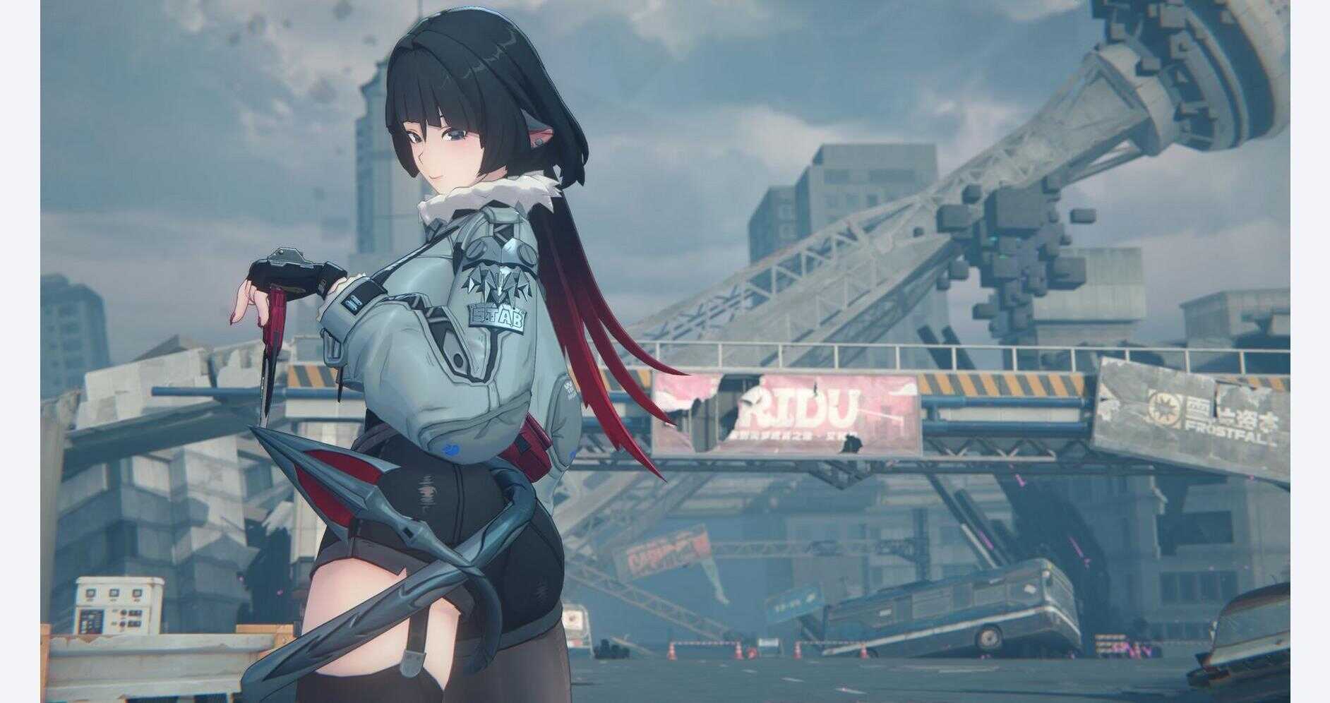 Anime-style female character with black hair and futuristic outfit in cityscape.