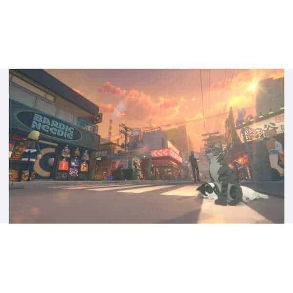 Futuristic city street scene with neon signs and characters from Zenless Zone Zero.