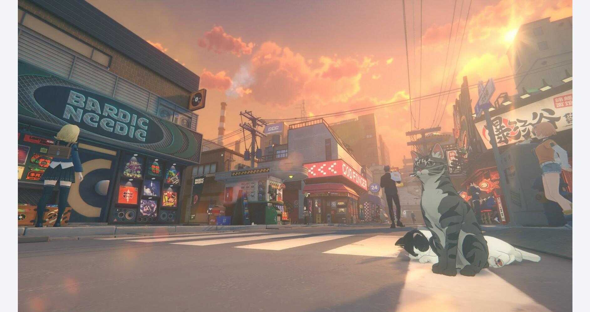 Futuristic city street scene with neon signs and characters from Zenless Zone Zero.