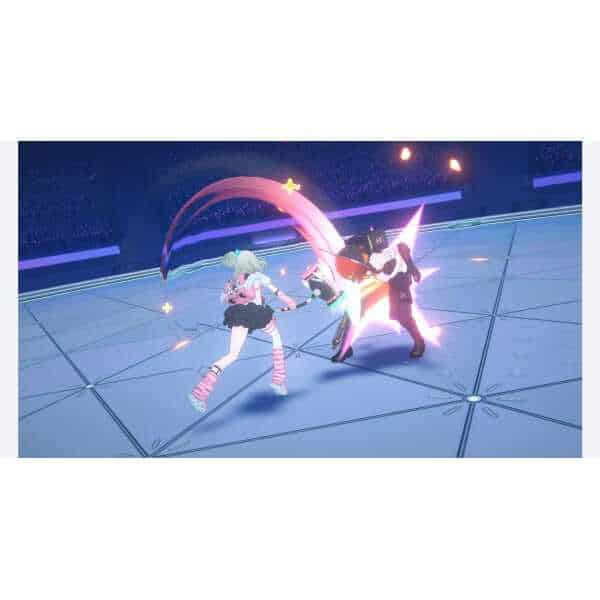 Anime-style characters battling with glowing weapons in a futuristic arena.