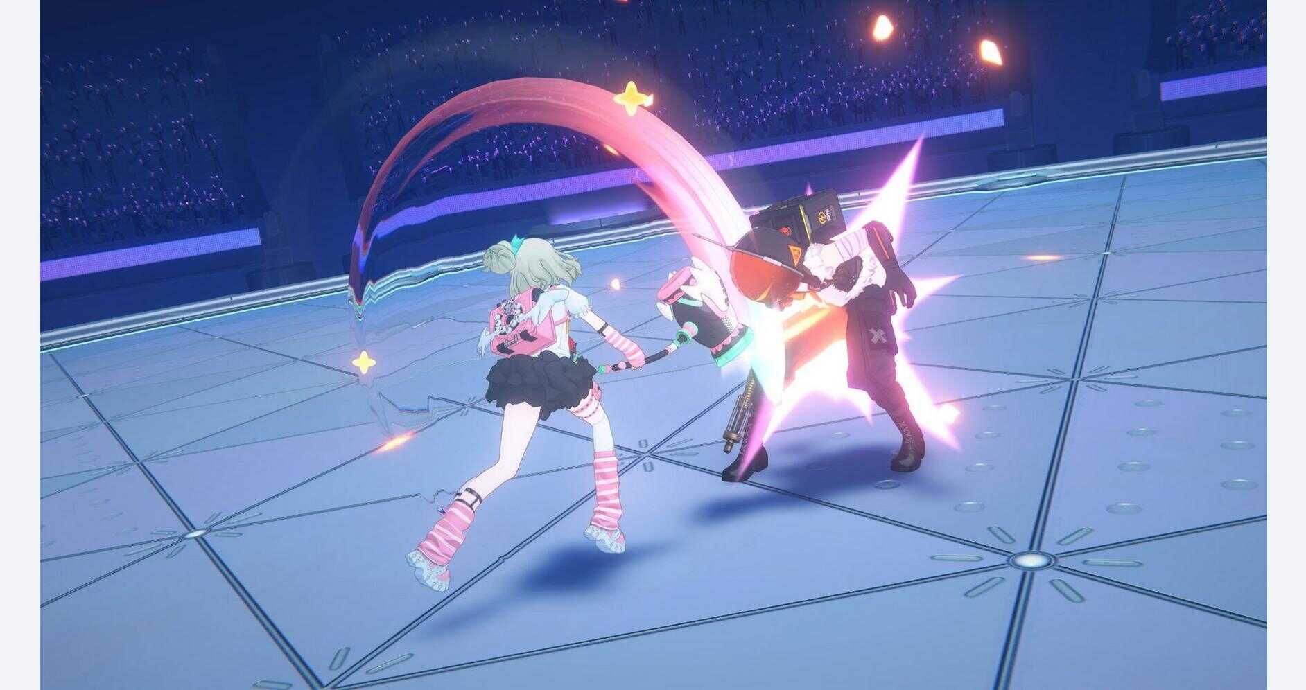 Anime-style characters battling with glowing weapons in a futuristic arena.