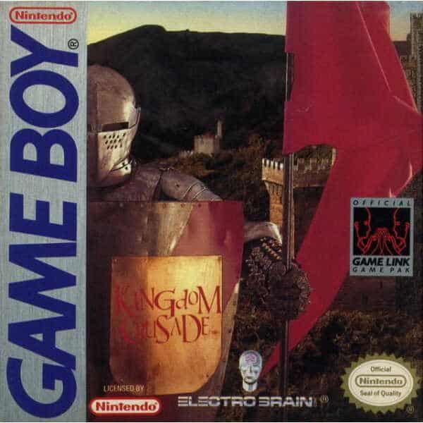 Kingdom Crusade video game cover featuring a medieval knight with a shield and flag.