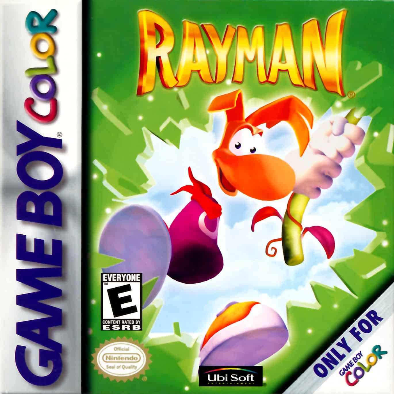 Rayman game cover for Game Boy Color featuring Rayman in a vibrant, colorful adventure setting.
