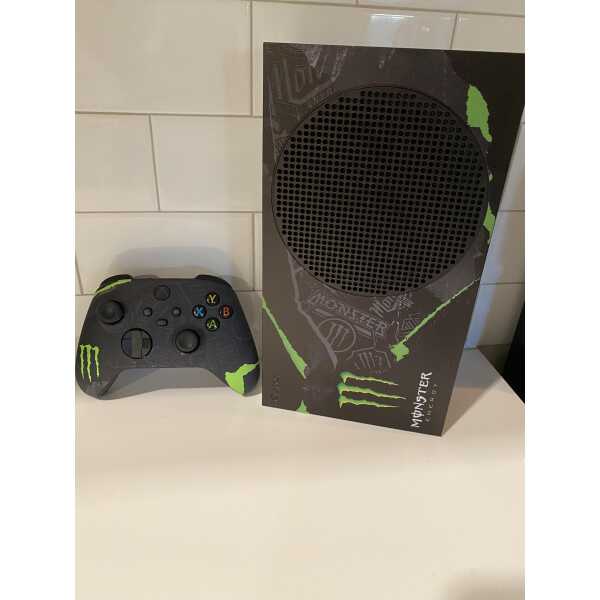 Xbox Series S Monster Energy Edition with controller on white surface.