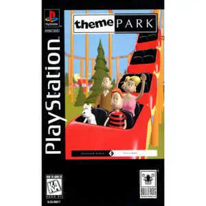 PlayStation theme park game cover with cartoon characters on roller coaster.